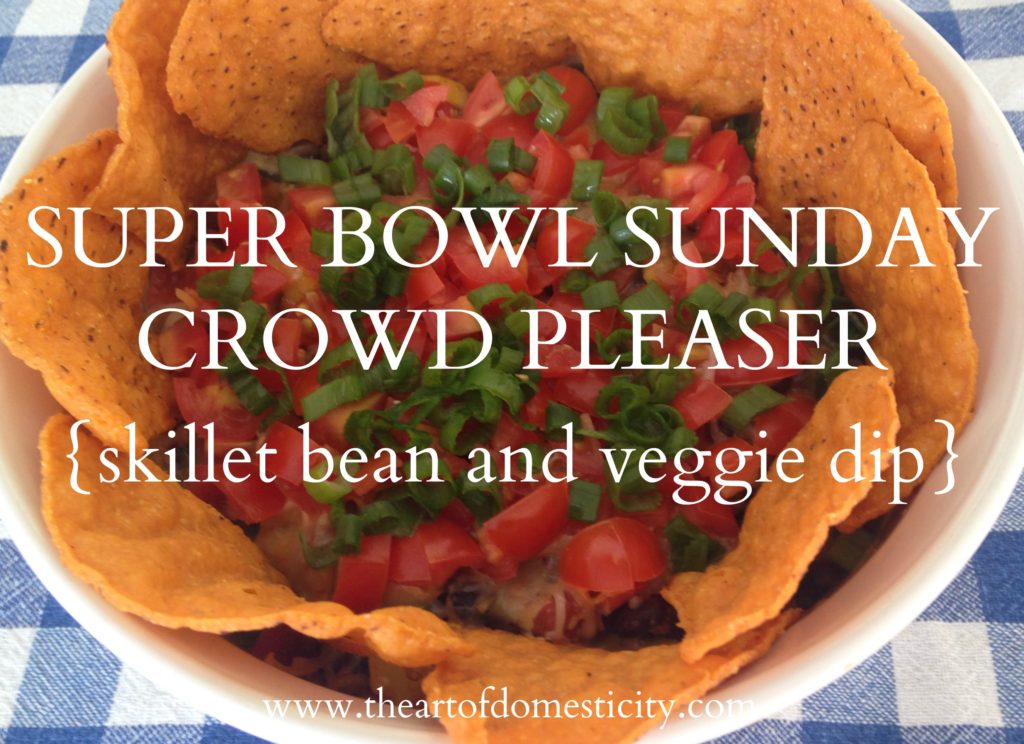 Are you looking for a simple and delicious dip for the Super Bowl?? This Skillet Bean and Veggie Dip is sure to be a hit!!